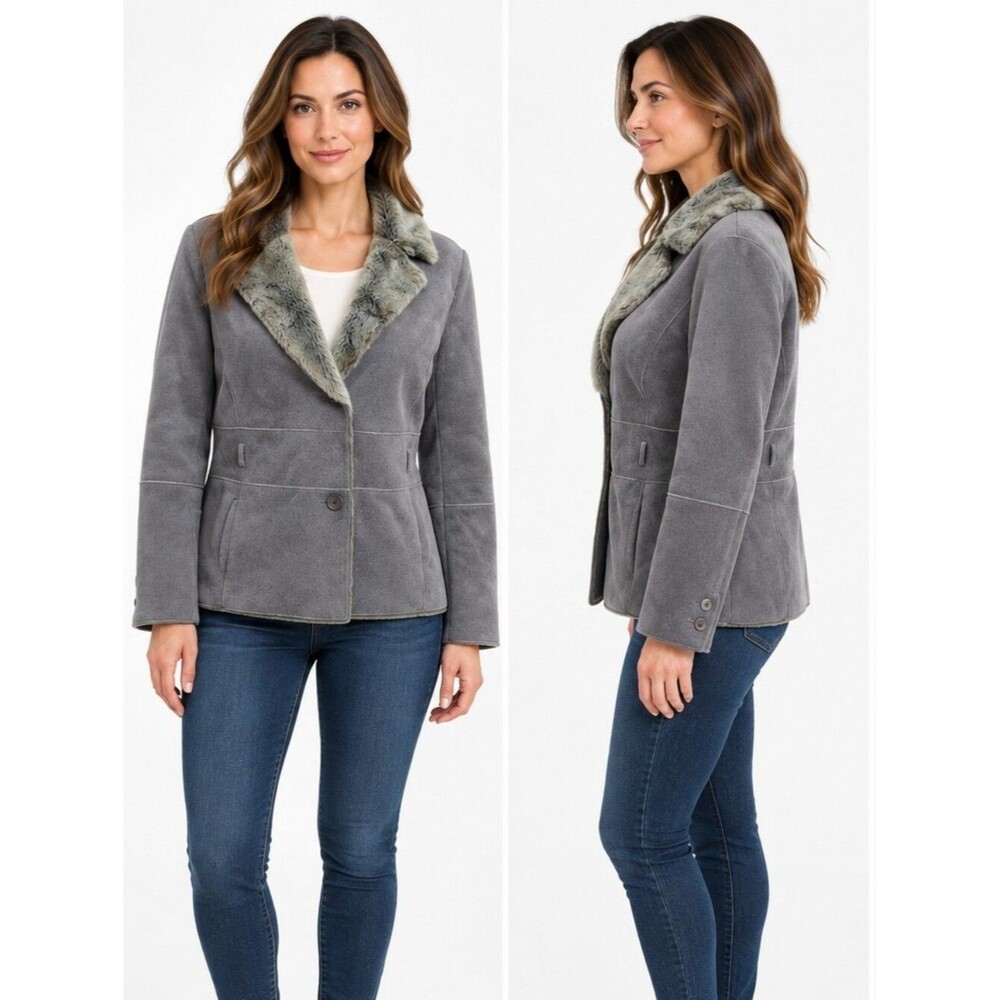 EUC faux fur women's grey warm winter coat jacket L/XL